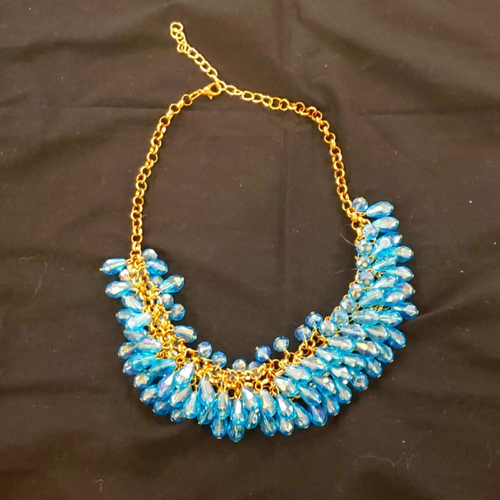 Blue glass drop necklace, 23" from tip to tip